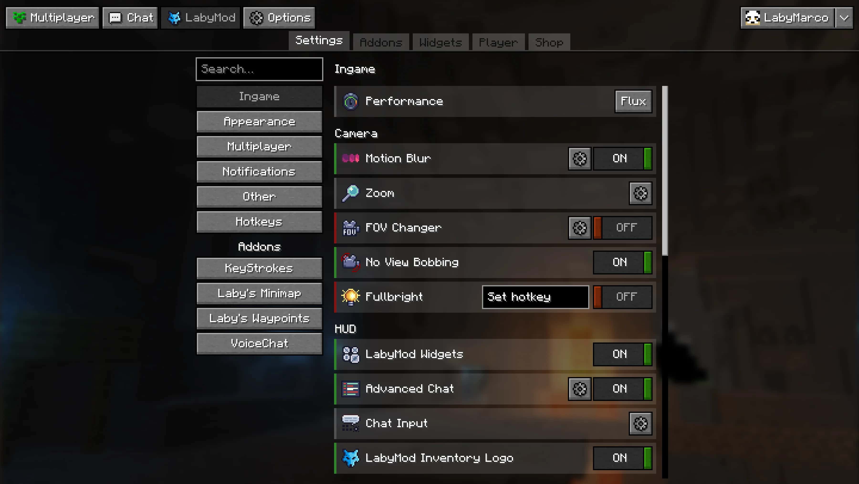 LabyMod Einstellungen Screenshot (vanilla)